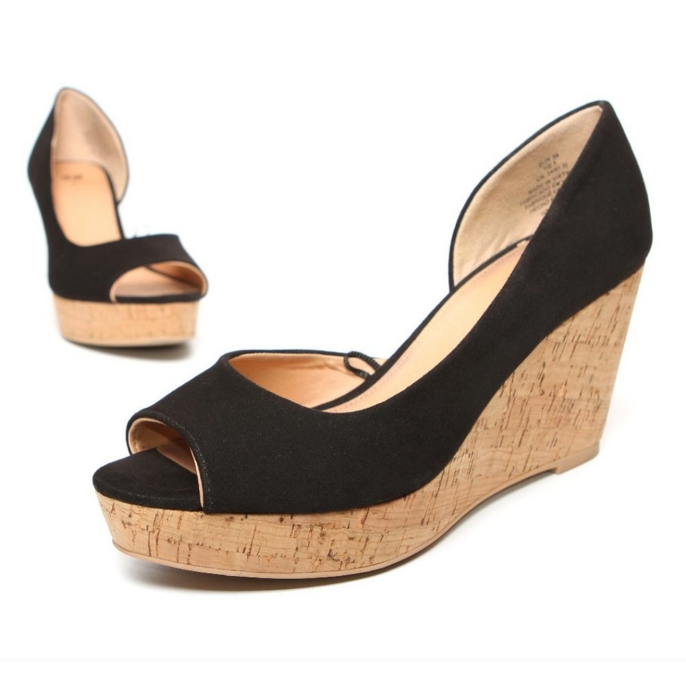 H&M Cork Wedge Heel Sandals Peep Toe Size 7.5 Black